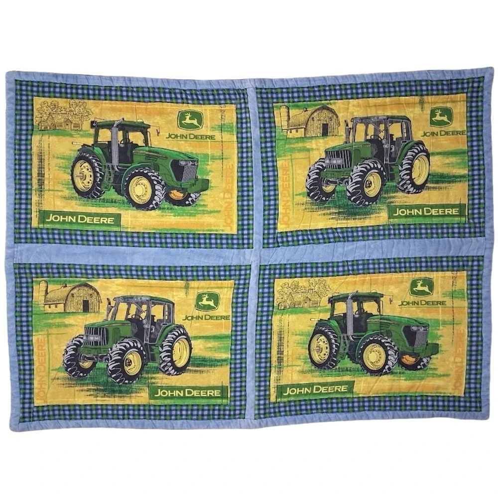 Handmade John Deere Tractor Baby Crib Quilt Blanket Blue Backside Cotton 31x42